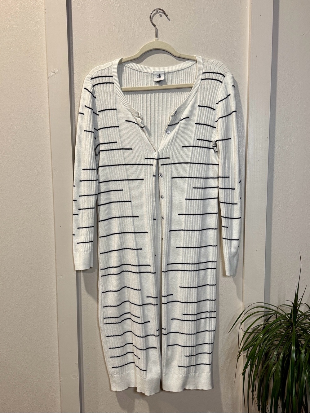 Cabi Long Ribbed Cardigan White Black Duster Sweater Small